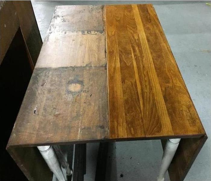 a table with half showing preloss condition and half restored